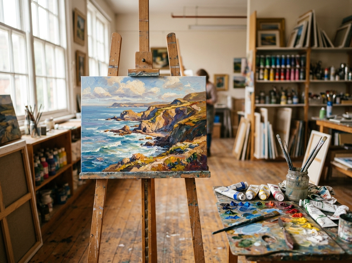 Easel with oil painting in art studio
